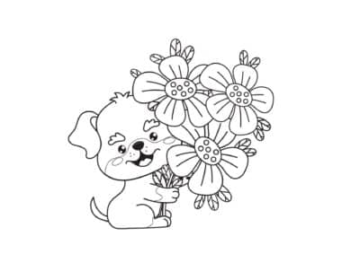 Hund med blomster i poterne