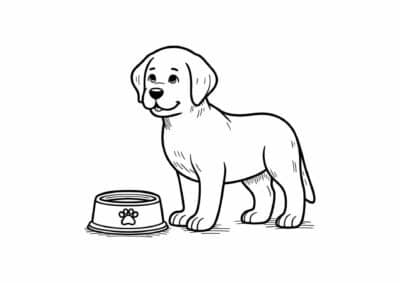 En hund står ved en skål.