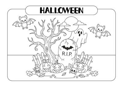 Tegning til halloween. Tegning illustrerer en gravplads, græskar, spøgelser og flagermus.