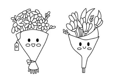 Tegning af to blomsterbuketter med smilende ansigter. Buketten til venstre har forskellige blomster og blade, og er pakket ind med et bånd og et mærke. Buketten til højre har tulipaner med lange blade og er desuden pakket ind med et bånd.