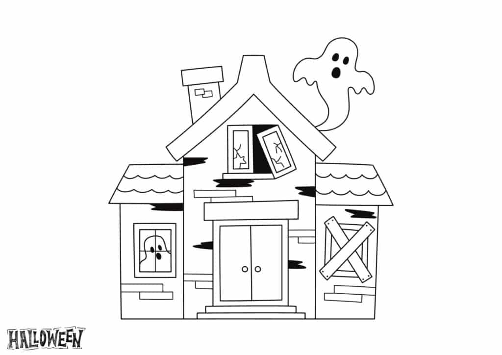 Tegninger til halloween. Tegning illustrerer et hjemsøgt hus med spøgelser