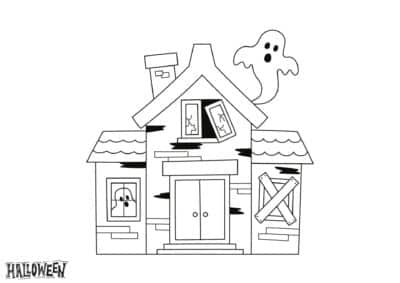 Tegninger til halloween. Tegning illustrerer et hjemsøgt hus med spøgelser
