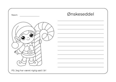 tegningen illustrerer en ønskeseddel til jul, som børn kan printe ud, udfylde og give til et familiemedlem.