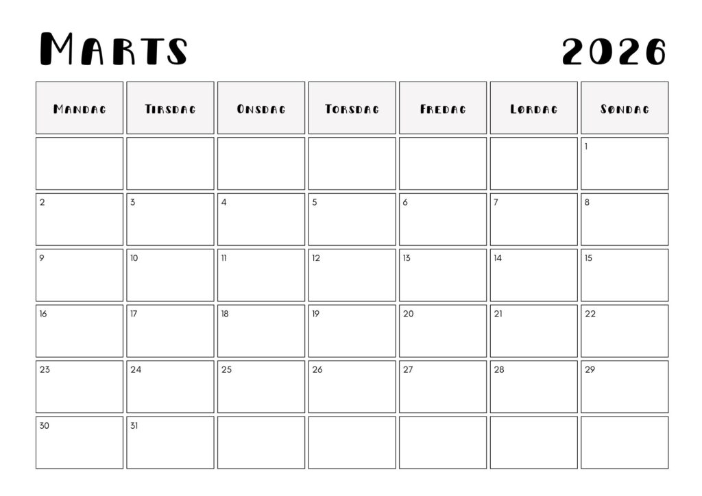 kalender til print - 2026